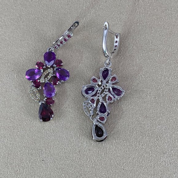 Stunning Rich Pear Faceted Red Rhodolite Garnet & Amethyst Drop Earrings - Picture 3 of 8